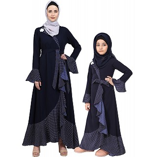 Polka dotted mother and daughter matching combo abaya- Navy Blue